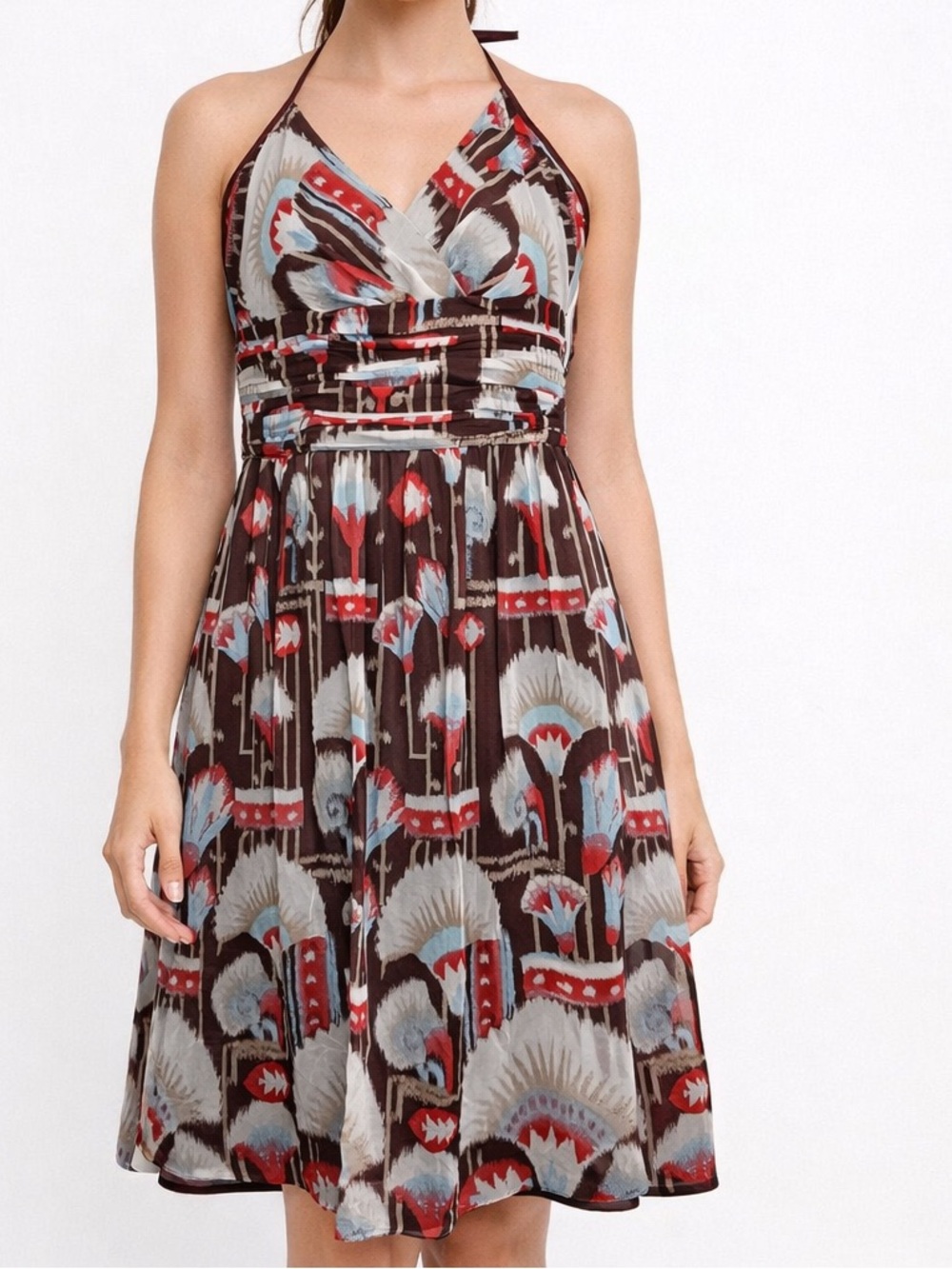 Kay Unger 100% Silk Brown Halter Sundress Red Blue Print retro size 4